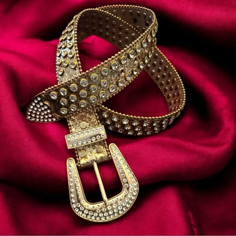 Gold Buckle Decorated Belt w/ White Studded Rhinestones l New